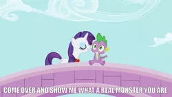 Size: 1280x720 | Tagged: safe, derpibooru import, edit, edited screencap, screencap, rarity, spike, dragon, pony, unicorn, secret of my excess, caption, dirty talk, eyes closed, female, image macro, implied foalcon, male, mare, meme, rarity's bad pickup lines, shipping, sitting, smiling, sparity, straight, tailboner, wide eyes