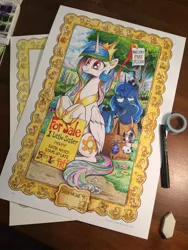 Size: 768x1024 | Tagged: safe, artist:andypriceart, artist:katiecandraw, derpibooru import, philomena, princess celestia, princess luna, tiberius, opossum, pony, bindle, box, frown, glare, luna is not amused, mouth hold, pony in a box, sisters, sitting, smiling, squishy cheeks, traditional art, unamused