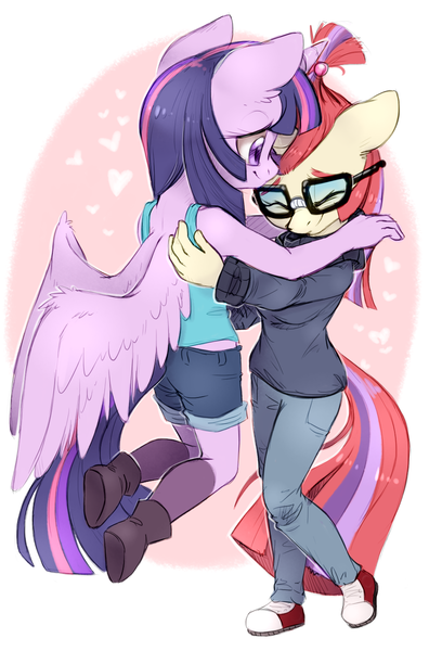 Size: 941x1426 | Tagged: safe, artist:lightning-stars, derpibooru import, moondancer, twilight sparkle, twilight sparkle (alicorn), alicorn, anthro, unicorn, amending fences, clothes, cute, female, glasses, hug, mare, midriff, shorts, smiling, sweater, tanktop