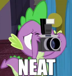 Size: 500x525 | Tagged: amending fences, camera, caption, cropped, derpibooru import, dragon, edit, edited screencap, futurama, image macro, male, meme, neat, photo, reaction image, safe, screencap, solo, spike