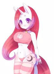 Size: 1613x2220 | Tagged: suggestive, artist:kei kun, derpibooru import, idw, moondancer, anthro, bell, bell collar, belly button, big breasts, blushing, boob window, bra, breasts, busty moondancer, cat keyhole bra set, cat lingerie, cleavage, clothes, collar, crop top bra, female, heart eyes, lingerie, panties, pink underwear, simple background, socks, solo, solo female, stockings, striped socks, thigh highs, underwear, white background, wingding eyes