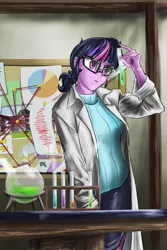 Size: 1000x1500 | Tagged: safe, artist:d-lowell, derpibooru import, sci-twi, twilight sparkle, equestria girls, rainbow rocks, clothes, female, lab coat, looking at something, pie chart, science, solo, test tube