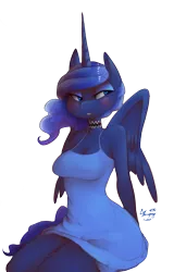 Size: 1200x1870 | Tagged: anthro, artist:glacierclear, blushing, cleavage, clothes, colorist:stingray970, derpibooru import, dress, female, princess luna, safe, simple background, solo
