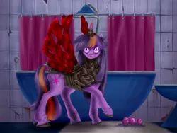 Size: 1024x768 | Tagged: artist:crux9011, bathroom, changeling, changelingified, changeling queen, cloven hooves, color change, curved horn, derpibooru import, egg, fanfic, fanfic art, fanfic cover, fanfic:for the hive, fanfic:of the hive, female, horn, hybrid, moth wings, queen twilight, realistic horse legs, safe, slit eyes, twilight sparkle