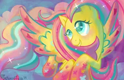 Size: 1280x828 | Tagged: artist:ghostlymuse, derpibooru import, fluttershy, rainbow power, safe, smiling, solo, spread wings