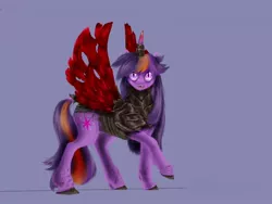 Size: 1024x768 | Tagged: artist:crux9011, changeling, changelingified, changeling queen, cloven hooves, color change, curved horn, derpibooru import, fanfic, fanfic art, fanfic cover, fanfic:for the hive, fanfic:of the hive, horn, hybrid, moth wings, purple background, queen twilight, realistic horse legs, safe, simple background, slit eyes, solo, twilight sparkle