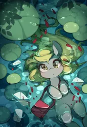Size: 1015x1476 | Tagged: safe, artist:huaineko, derpibooru import, derpy hooves, pegasus, pony, cute, derpabetes, female, lake, letter, looking at you, mail, mailbag, mailmare, mare, pixiv, solo