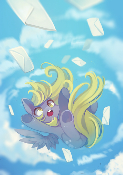 Size: 874x1240 | Tagged: safe, artist:huaineko, derpibooru import, derpy hooves, pegasus, pony, cloud, cloudy, cute, derpabetes, falling, female, letter, mail, mare, pixiv, solo, underhoof