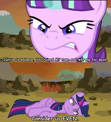 Size: 775x850 | Tagged: semi-grimdark, derpibooru import, edit, screencap, starlight glimmer, twilight sparkle, twilight sparkle (alicorn), alicorn, pony, twilight's kingdom, 2 panel comic, batman begins, comic, ra's al ghul, screencap comic, speculation