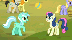 Size: 502x285 | Tagged: adorabon, animated, ball, best friends, bon bon, bon bon is amused, caramel, carrot top, cloud kicker, cropped, cute, derpibooru import, duo focus, golden harvest, happy, lucky clover, lyrabetes, lyra heartstrings, lyra is amused, party pooped, playing, safe, screencap, smiling, sweetie drops