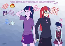 Size: 877x620 | Tagged: safe, artist:kibate, derpibooru import, moondancer, sci-twi, starlight glimmer, sunset shimmer, trixie, twilight sparkle, amending fences, equestria girls, friendship games, no second prances, :o, angry, blushing, clothes, counterparts, dialogue, equestria girls-ified, eyes closed, glare, gritted teeth, magical quartet, magical quintet, magical sextet, magical trio, shivering, shy, skirt, twilight's counterparts, wide eyes
