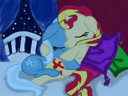 Size: 2048x1536 | Tagged: safe, artist:calicopikachu, artist:destiny-weaver, derpibooru import, sunset shimmer, trixie, pony, cuddling, female, lesbian, shipping, sleeping, snuggling, suntrix, trace