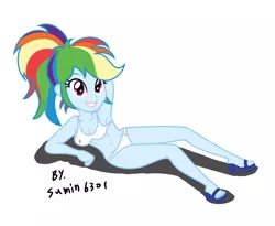 Size: 1393x1142 | Tagged: suggestive, artist:sumin6301, derpibooru import, rainbow dash, equestria girls, armpits, belly button, bikini, breasts, clothes, feet, lipstick, sandals, sexy, solo, stupid sexy rainbow dash, swimsuit