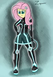 Size: 1832x2652 | Tagged: safe, artist:zaponator, derpibooru import, fluttershy, equestria girls, crossover, solo, tron