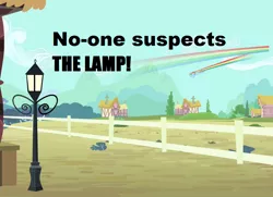 Size: 916x664 | Tagged: amityville 4: the evil escapes, caption, derpibooru import, edit, edited screencap, fence, lamp, lamp post, phelous, possessed, rainbow dash, rainbow trail, reference, safe, screencap, sky, the lone lampman