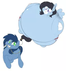 Size: 2800x3000 | Tagged: air inflation, artist:anonopony, balloon, belly, bingo wings, both cutie marks, chubby, derpibooru import, floating, impossibly large belly, inflation, oc, oc:huckleberry bleu, oc:pepper dust, rope, safe, simple background, unofficial characters only, white background