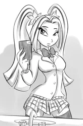 Size: 1244x1892 | Tagged: safe, artist:ponut_joe, derpibooru import, aria blaze, equestria girls, bowtie, clothes, mirror, mobile phone, monochrome, phone, selfie, sink, skirt, solo, uniform, zettai ryouiki