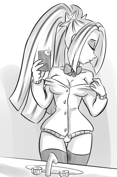 Size: 1244x1892 | Tagged: suggestive, artist:ponut_joe, derpibooru import, aria blaze, equestria girls, bowtie, breasts, busty aria blaze, cleavage, clothes, female, mirror, mobile phone, monochrome, panties, phone, selfie, sink, solo, solo female, underwear, undressing, uniform