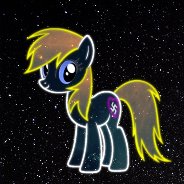 Size: 750x750 | Tagged: safe, artist:anonymous, derpibooru import, oc, oc:aryanne, unofficial characters only, earth pony, pony, heart, nazi, neon, night, sky, smiling, solo, space, standing, stargazing, stars, sun, swastika