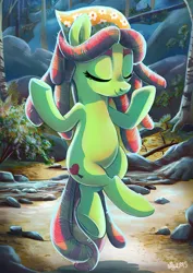 Size: 636x900 | Tagged: safe, artist:yulyeen, derpibooru import, tree hugger, earth pony, pony, make new friends but keep discord, bandana, cute, eyes closed, female, huggerbetes, levitation, lotus position, mare, meditating, meditation, pose, solo, yoga