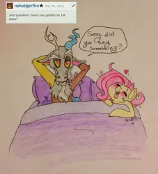 Size: 2034x2244 | Tagged: suggestive, artist:ameliacostanza, derpibooru import, discord, fluttershy, afterglow, aftersex, ahegao, armpits, discoshy, female, male, shipping, smoking, straight, traditional art