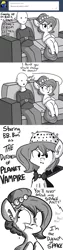 Size: 806x3224 | Tagged: safe, artist:tjpones, derpibooru import, oc, oc:brownie bun, oc:richard, unofficial characters only, vampire, horse wife, ask, cape, clothes, embarrassed, fangs, monochrome, movie, nervous, old shame, sweat, tumblr