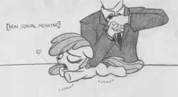 Size: 1023x556 | Tagged: safe, artist:lockerobster, derpibooru import, apple bloom, oc, oc:anon, earth pony, pony, black and white, descriptive noise, female, filly, grayscale, heart, massage, meme, moaning, moaning in pleasure, monochrome, traditional art
