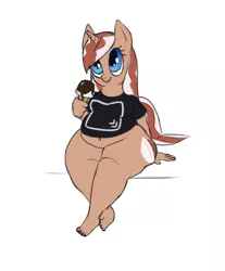 Size: 636x768 | Tagged: anthro, artist:calorie, belly button, bottomless, chubby, clothes, cute, derpibooru import, fat, feet, ice cream, large butt, nine inch nails, oc, oc:hot fudge, plantigrade anthro, shirt, solo, suggestive, unofficial characters only, wide hips