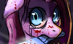 Size: 1470x891 | Tagged: grimdark, artist:mysterimaan, derpibooru import, pinkie pie, blood, bloodshot eyes, knife, looking at you, pinkamena diane pie