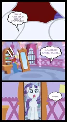 Size: 667x1198 | Tagged: safe, artist:bigsnusnu, derpibooru import, rarity, oc, oc:falsity, ponified, human, pony, unicorn, a rare-rarity day, comic, drama queen, female, first person view, human in equestria, human to pony, mirror, oh crap, panic, pov, reflection, rule 63, running, shocked, solo, transformation, transgender transformation, uh oh, vector