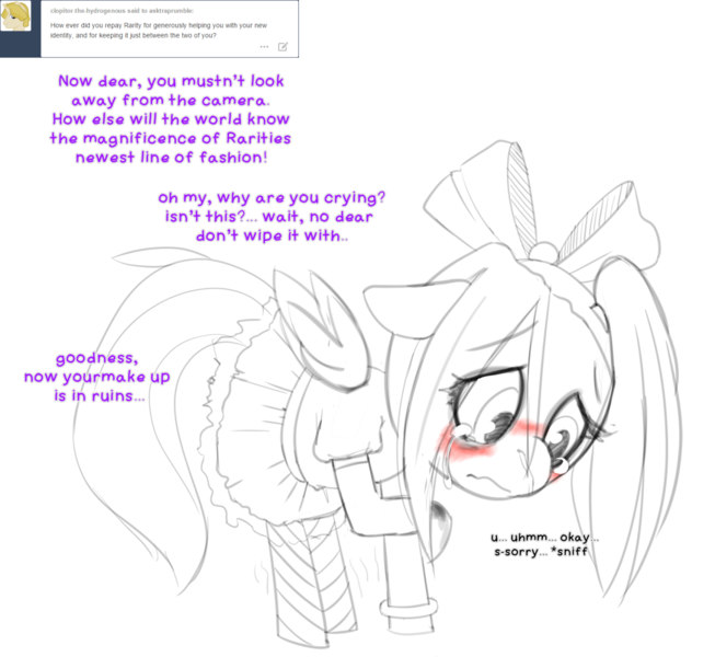 Size: 1280x1176 | Tagged: alternate hairstyle, artist:arkiiwarki, ask, ask trap-rumble, blushing, bow, bracelet, choker, clothes, crossdressing, crying, derpibooru import, dialogue, dress, eyelashes, foal, hair bow, implied rarity, makeup, male, oc, rarity, rumble, safe, simple background, snot, stockings, trap, tumblr, white background