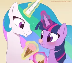 Size: 900x791 | Tagged: safe, artist:akeahi, derpibooru import, princess celestia, twilight sparkle, pony, :t, blushing, cute, female, grin, ice cream, ice cream cone, lesbian, magic, mare, messy, scrunchy face, shipping, smiling, telekinesis, twilestia, wavy mouth