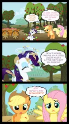 Size: 667x1198 | Tagged: safe, artist:bigsnusnu, derpibooru import, applejack, derpy hooves, fluttershy, rarity, oc, oc:falsity, earth pony, human, pegasus, pony, unicorn, a rare-rarity day, accident, background pony, comic, confused, crash, dirty, dizzy, female, human in equestria, human to pony, injured, out of character, vector