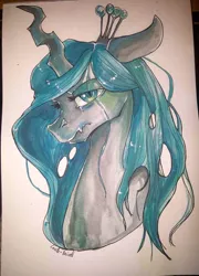 Size: 667x927 | Tagged: artist:corelle-vairel, changeling, changeling queen, derpibooru import, female, looking at you, queen chrysalis, sad, safe, solo, traditional art