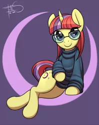 Size: 793x1000 | Tagged: adorkable, amending fences, artist:freckles, clothes, cute, dancerbetes, derpibooru import, dork, glasses, moondancer, safe, solo, sweater, turtleneck