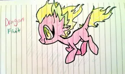 Size: 1024x606 | Tagged: safe, artist:amaya73, derpibooru import, oc, oc:dragon fruit, unofficial characters only, dracony, hybrid, interspecies offspring, lined paper, mane of fire, offspring, parent:applejack, parents:applespike, parent:spike, solo, traditional art