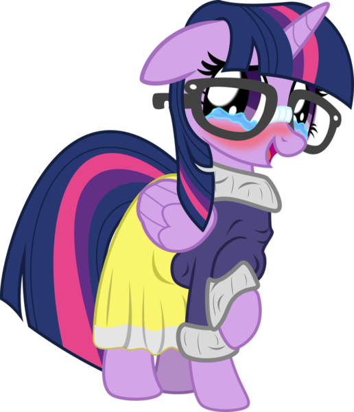 Size: 1024x1191 | Tagged: safe, artist:eagle1division, derpibooru import, twilight sparkle, twilight sparkle (alicorn), alicorn, pony, adorkable, blushing, broken glasses, clothes, crying, cute, daaaaaaaaaaaw, dork, female, floppy ears, glasses, looking at you, mare, open mouth, raised hoof, skirt, smiling, sweater, tears of joy, turtleneck, twiabetes, twilight glasses