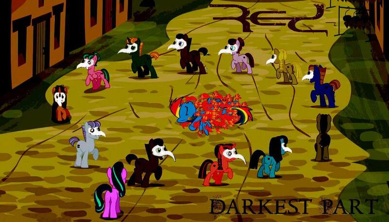 Size: 1258x720 | Tagged: semi-grimdark, derpibooru import, rainbow dash, starlight glimmer, earth pony, pegasus, pony, unicorn, the cutie map, darkest part, equal town, in our town, music video, plague doctor, plague doctor mask, pmv, red, shameless advertising, you can't have a nightmare if you never dream