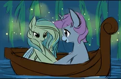 Size: 1031x672 | Tagged: safe, artist:starshinebeast, derpibooru import, oc, oc:intrepid charm, oc:ocean pixel, unofficial characters only, aquapony, pony, unicorn, bedroom eyes, boat, disney, female, firebug, firebugs, male, reeds, seapegasus, straight, the little mermaid, trail as a pony, water