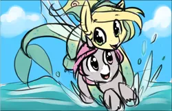 Size: 1038x667 | Tagged: safe, artist:starshinebeast, derpibooru import, oc, oc:intrepid charm, oc:ocean pixel, unofficial characters only, aquapony, pony, unicorn, female, flying, male, ocean, seapegasus, straight, trail as a pony, water