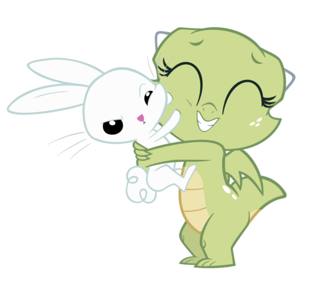 Size: 800x724 | Tagged: angel bunny, artist:queencold, baby dragon, derpibooru import, dragon, dragoness, dragon oc, duo, hug, oc, oc:jade, rabbit, safe, simple background, transparent background