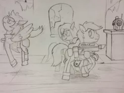 Size: 640x480 | Tagged: artist needed, comic:sunfall, derpibooru import, fallout equestria, /foe/, gun, monochrome, oc, oc:downwash, oc:forage, oc:sunfall, pancor jackhammer, safe, traditional art, unofficial characters only