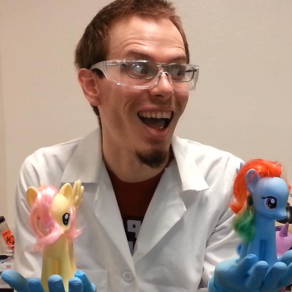 Size: 618x618 | Tagged: safe, derpibooru import, fluttershy, rainbow dash, human, pegasus, pony, clothes, figurine, gloves, irl, irl human, lab coat, male, photo, safety goggles, science