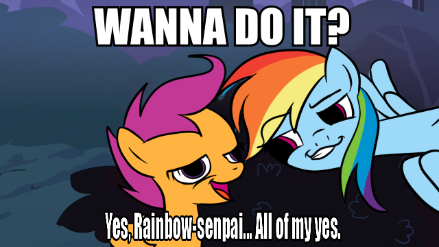 Size: 640x360 | Tagged: suggestive, artist:sherradestrix, derpibooru import, edit, rainbow dash, scootaloo, chickun, exploitable meme, faic, female, forced meme, lesbian, meme, scootadash, shipping, smugdash