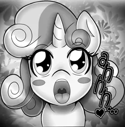 Size: 820x830 | Tagged: suggestive, artist:anibaruthecat, derpibooru import, sweetie belle, pony, unicorn, comic:cutiemark check-up, blushing, cropped, cute, dialogue, diasweetes, female, filly, heart, looking at you, monochrome, open mouth, solo