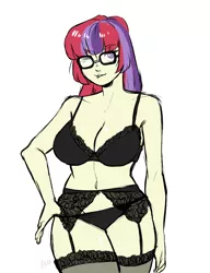 Size: 1000x1300 | Tagged: artist:aux, belly button, bra, breasts, broken glasses, busty moondancer, cleavage, clothes, derpibooru import, female, garter belt, glasses, human, humanized, lingerie, lip bite, midriff, moondancer, panties, pony coloring, solo, solo female, stockings, suggestive, tape, underwear, wide hips, wink