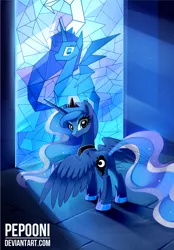 Size: 906x1298 | Tagged: safe, artist:pepooni, derpibooru import, princess luna, pony, ethereal mane, featureless crotch, hoof shoes, looking back, solo, spread wings, stained glass, starry mane, transparent tail, wings