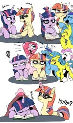 Size: 994x1664 | Tagged: safe, artist:nekubi, derpibooru import, lemon hearts, minuette, moondancer, pinkie pie, twilight sparkle, twilight sparkle (alicorn), twinkleshine, alicorn, earth pony, pony, amending fences, ..., blanket, blushing, book, covering, cute, embarrassed, erlenmeyer flask, eyes closed, female, flaskhead hearts, glasses, imitation, laughing, magic, mare, onomatopoeia, open mouth, sleeping, smiling, sound effects, telekinesis, unamused, zzz