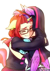 Size: 1764x2508 | Tagged: amending fences, anthro, artist:ermaowu, crying, cute, daaaaaaaaaaaw, dancerbetes, derpibooru import, eared humanization, eyes closed, feels, female, friendshipping, glasses, heartwarming, horned humanization, hug, human, human facial structure, humanized, moondancer, pixiv, safe, smiling, sweet dreams fuel, tailed humanization, tears of joy, twiabetes, twilight sparkle, twilight sparkle (alicorn), winged humanization, wings