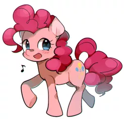 Size: 626x600 | Tagged: safe, artist:aoringo, derpibooru import, pinkie pie, pony, blushing, cute, diapinkes, music notes, open mouth, pixiv, simple background, smiling pinkie pie tolts left, solo, white background